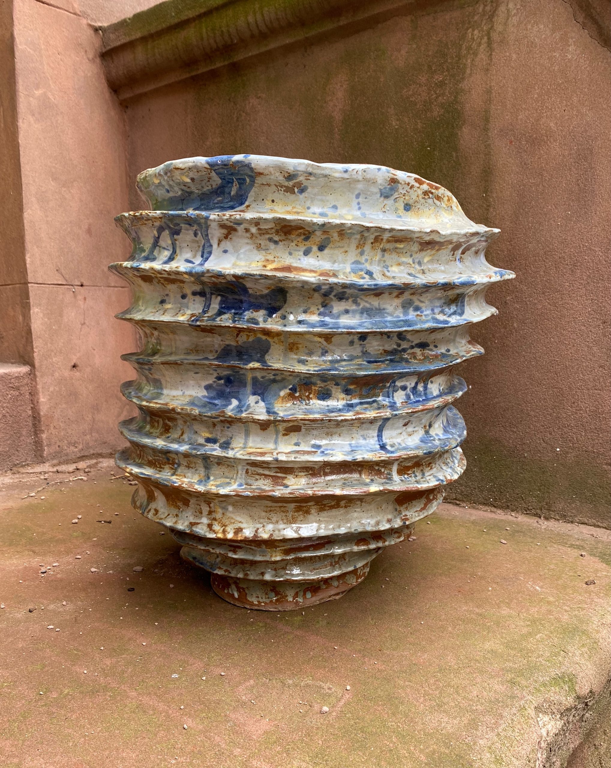 Spiral stoneware open urn by Reuben Sinha
